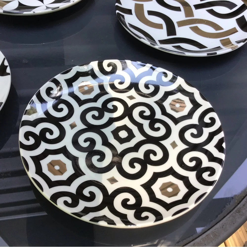 New in Box “Designer Set of (4) Dessert Plates, Embellished with/ 14K Gold”